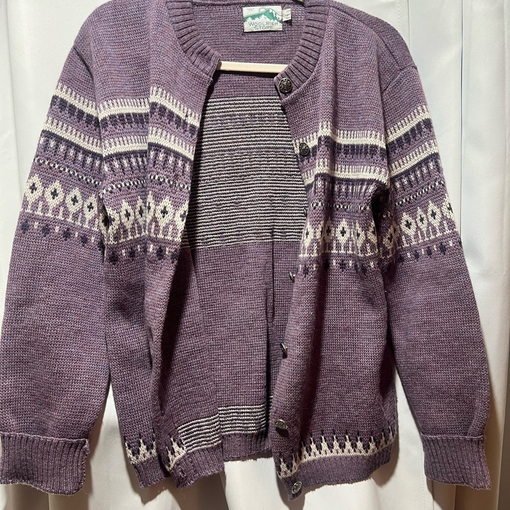 Woolrich Fair Isle Cardigan Sweater Purple Nordic Knit Button Front Sz Large - Picture 8 of 8